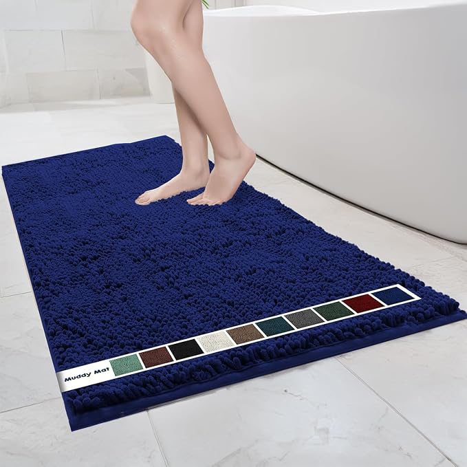 Muddy Mat® | Chenille Bathroom Rugs Quick Dry Microfiber Mats Non Slip Washable, Extra Thick, Soft and Highly Absorbent Bath Mats for Bathroom, Kitchen, and Shower Floor - Navy Blue 36"x60"