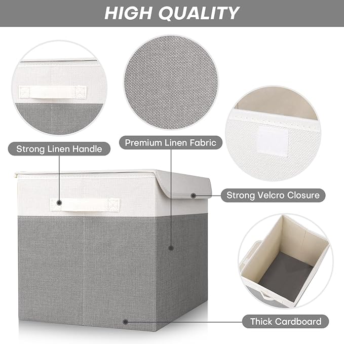 Bagnizer Large 17" 42 Quarts Collapsible Stackable Storage Bins with Lids [3-Pack] Foldable Fabric Linen Storage Boxes Cube, Closet Organizer Baskets with Label (16.7 x 12 x 12, Gray & White)