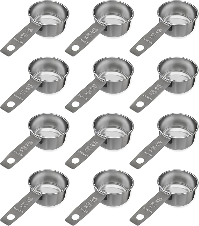 1/3 Cup Stainless Steel Measuring Cup | Sturdy Metal 80 ml | 80 cc | 3 oz | Single Cup for Wet and Dry Ingredients | Great for use as 1/3 Cup Dog Food Scoop - 12 PK