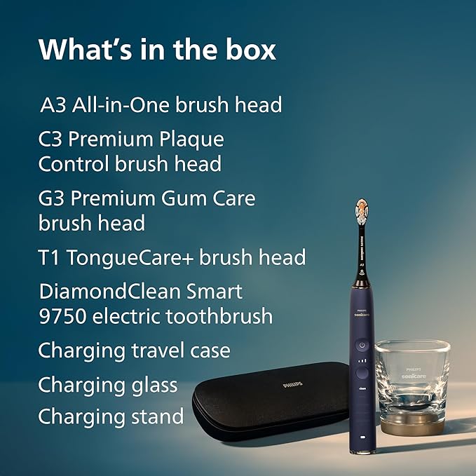 Philips Sonicare DiamondClean Smart 9750 Electric Toothbrush - Sonic Toothbrush with App, Pressure Sensor, 15 Brushing Settings, Replacement Reminder, USB Charging Travel Case, Lunar Blue, HX9954/74