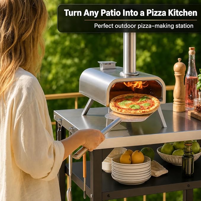 Hisencn 3-Tier Pizza Oven Table, Stainless Steel Outdoor Grill Prep Cart | 32x24 Inch Stainless Steel Grill Table for Pizza Ovens,Blackstone,Cuisinart,Portable Food Station with Hooks&Lockable Wheels