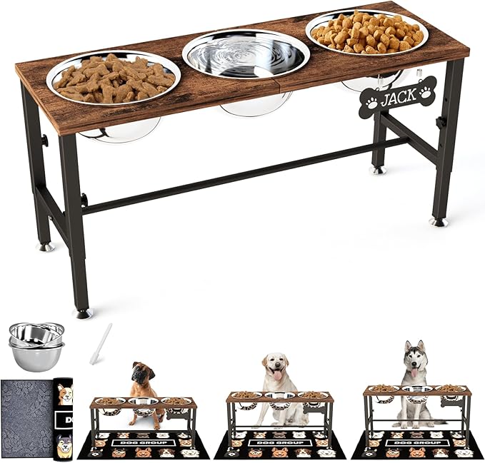 SHAINFUN Adjustable Height Elevated Dog Bowl Stand – Wooden Raised Dog Bowls with Three 58oz Stainless Steel Bowls & Mat for Small to Large Dog Breeds