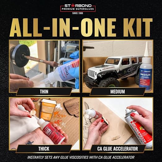 STARBOND CA Glue with Activator Kit – Thin, Medium & Thick 2 oz Bottles with 6 oz Accelerator – Premium Cyanoacrylate Super Glue Bundle for Woodworking, Woodturning, Hobby Models Crafts & 3D Printing