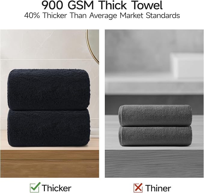 REDKISS 2 Piece Luxury Bath Towel Set - 31x62 inch Oversized Thick Bath Sheet, 100% Cotton, 900 GSM, Super Soft, Highly Absorbent, Quick Dry Large Black Bath Towels, Ideal for Bathroom, Pool, Gym, Spa