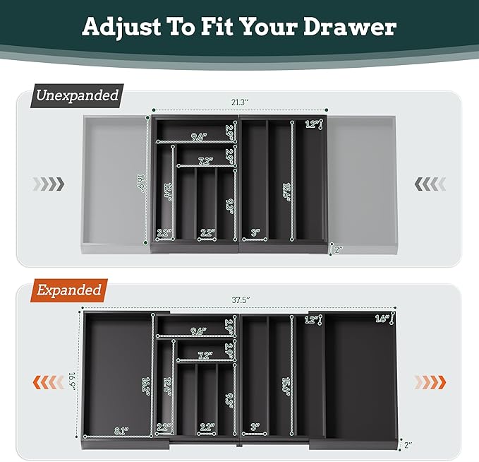 Silverware Organizer Large, Magnetic Connected Expandable 11 Slots Silverware Drawer Organizer from 21 to 37.4 Inches, Adjustable Flatware and Cutlery Holder, Bamboo Utensil Tray for Kitchen Black