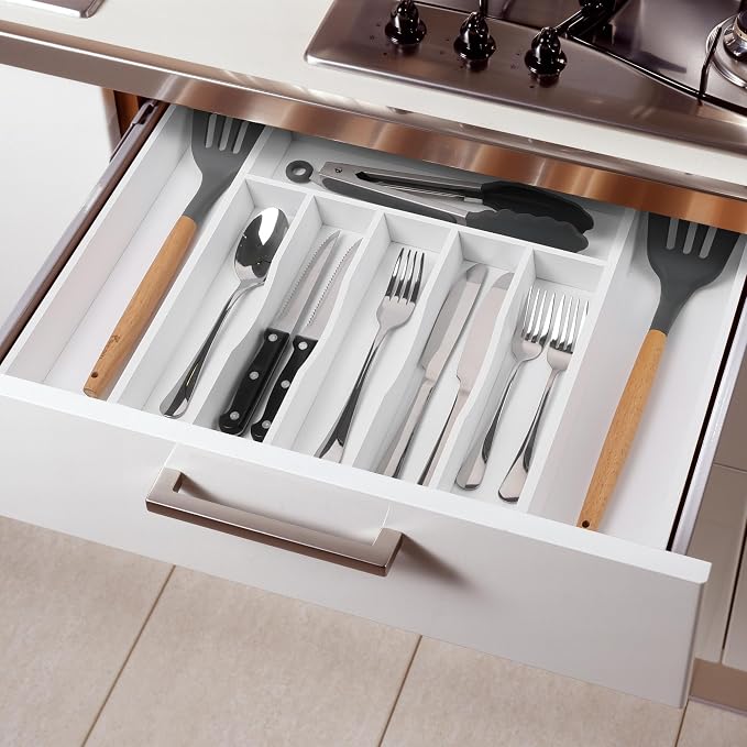 Large Premium Bamboo Silverware Organizer - Expandable Drawer Organizer & Utensil Organizer - 17"x19.7" Cutlery Tray with Dividers for Kitchen Utensils and Flatware (7-9 Slots) (White)