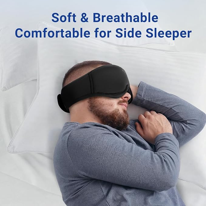 3D Bamboo Cotton Sleep Mask with Bluetooth 5.4 Headphone, Music Wireless Bluetooth Blackout Eye Mask for Side Sleepers, Earphones HD Speaker Microphone for Travel, Gifts for Women Men, Black