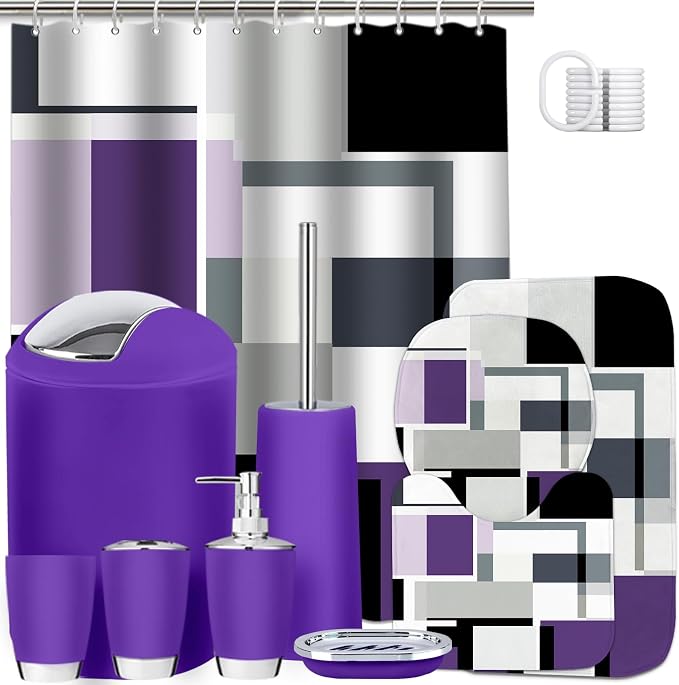 Lnond Purple Bathroom Set, 23-Piece Purple Black Geometric Bathroom Decor Set with with Shower Curtain and Rugs, Trash Can, Toilet Brush Holder Set & Soap Dispenser