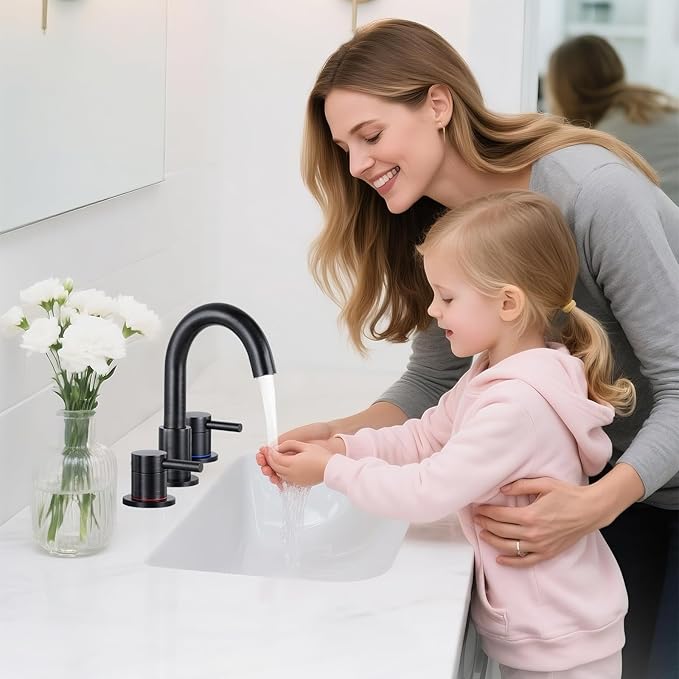 Bathroom Faucet 3 Hole, Oil Rubbed Bronze Bathroom Sink Faucet with Pop Up Drain, 8 inch Widespread Bathroom Faucet with 360° Swivel Spout, 2 Handle Vanity Faucet with Water Supply Hoses