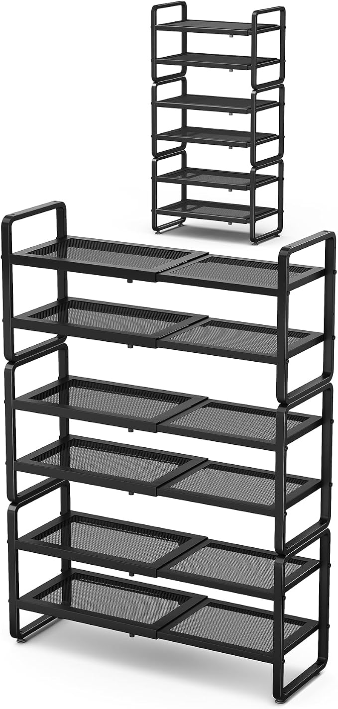 SNTD Shoe Rack - Expandable Shoe Organizer for Closet, Adjustable Metal Shoe Shelf Storage, Stackable Long Shoe Stand Holder for Garage, Entryway, Door Entrance (Black, 6-Tier)