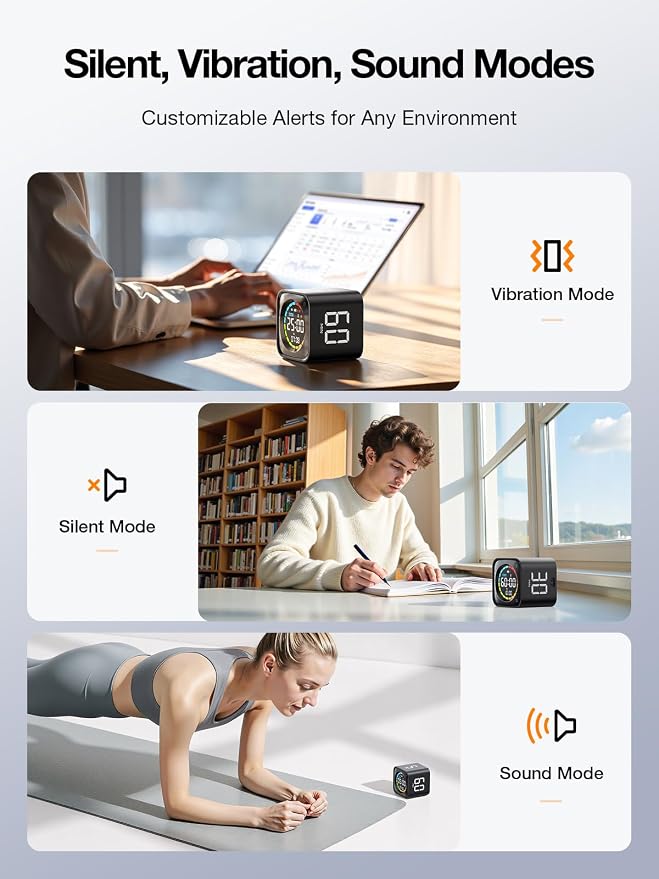 TK3 Pomodoro Timer Cube, Desk Productivity Timer with 5/10/30/60 Min Presets, Custom Countdown, Stopwatch, Clock, 3 Alarm, Silent, Vibrate & Sound Mode, for Task, ADHD, Study, Kitchen,Obsidian Black