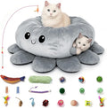 Cat Tunnel Bed for Indoor Cats, Peekaboo Cat Cave Bed with 20 Pcs Cat Toys, Soft Cat Donut Tunnel for Kitten Large Cats, Grey Octopus
