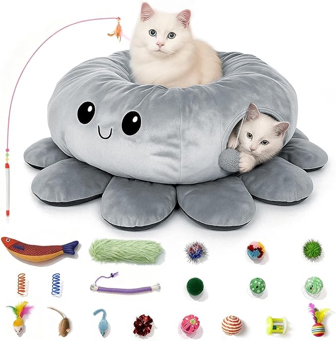 Cat Tunnel Bed for Indoor Cats, Peekaboo Cat Cave Bed with 20 Pcs Cat Toys, Soft Cat Donut Tunnel for Kitten Large Cats, Grey Octopus