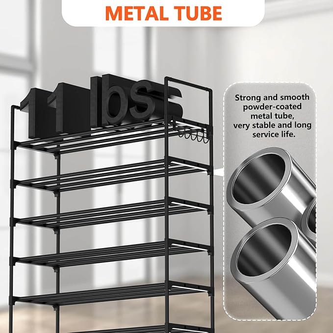 Hsscblet 8 Tiers Metal Shoe Rack,Adjustable Shoe Shelf Storage Organizer with Hooks,Stackable Boot & Shoe Storage,for Entryway,Hallway,Closet,Black