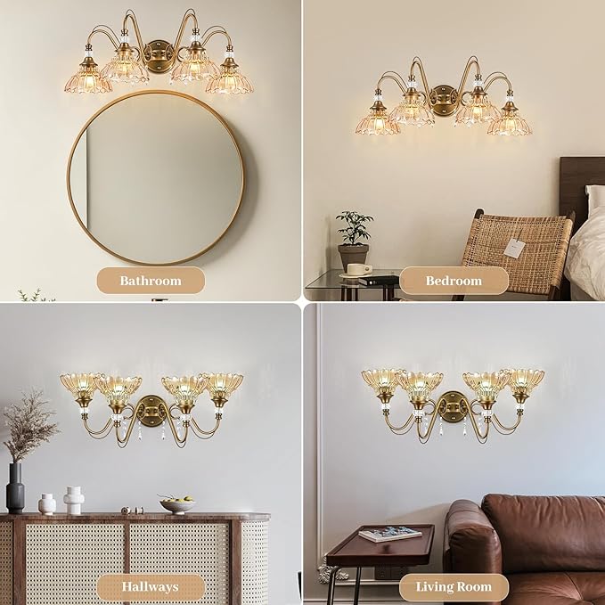 Vintage Bathroom Vanity Light, 4-Light Matte Antique Brass Finish Wall Sconce with Hanging Crystal Accents and Flower-Shaped Amber Glass Shades, Retro Wall Mount Vanity Light Over Mirror for Bathroom