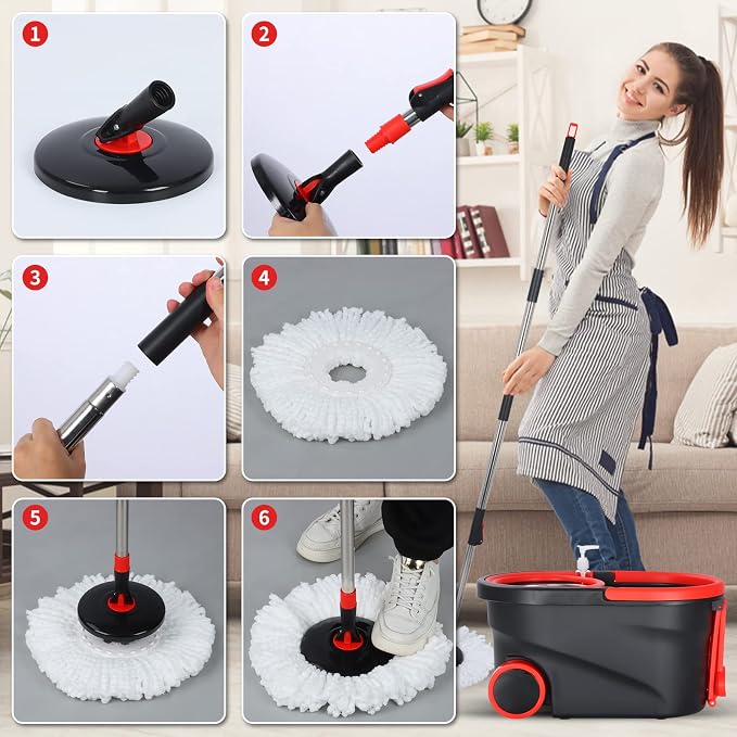 Spin Mop and Bucket with Wringer Set on Wheels, 3 Mop Refills, 61" Handle | 360° Spinning Mop System with Stainless Steel Extended Handle & 3 Microfiber Refills for Floor Cleaning