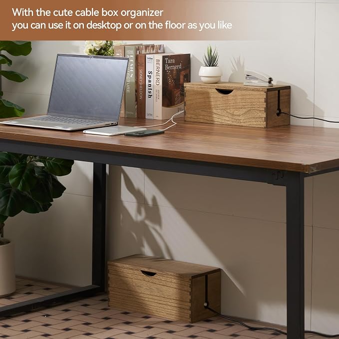 KIRIGEN Wooden Cable Management Box Set of 2, Cord Organizer, Brown | Large and Small Solid Wood Boxes with Removable Lids for Power Strips, Chargers, Routers, and Desks Home Office