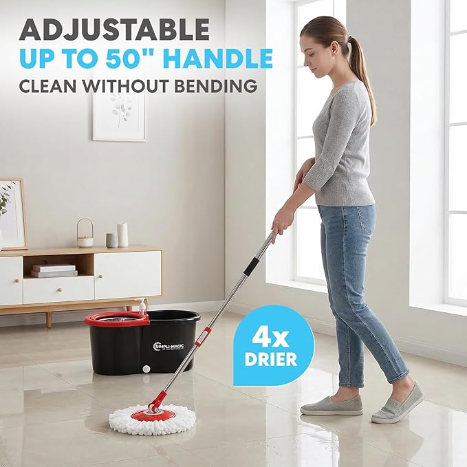 Simpli-Magic 360° Spin Mop and Bucket with Wringer – 3 High-Absorbent Microfiber Washable Heads – Spinning Mop and Bucket Set for All Types Floor Cleaning (Black)