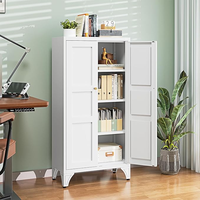 Metal Storage Cabinet with Doors and Shelves,47.3" H Bathroom Floor Kitchen Pantry Utility Cupboard Dining Home Office/Garage Organizers,White