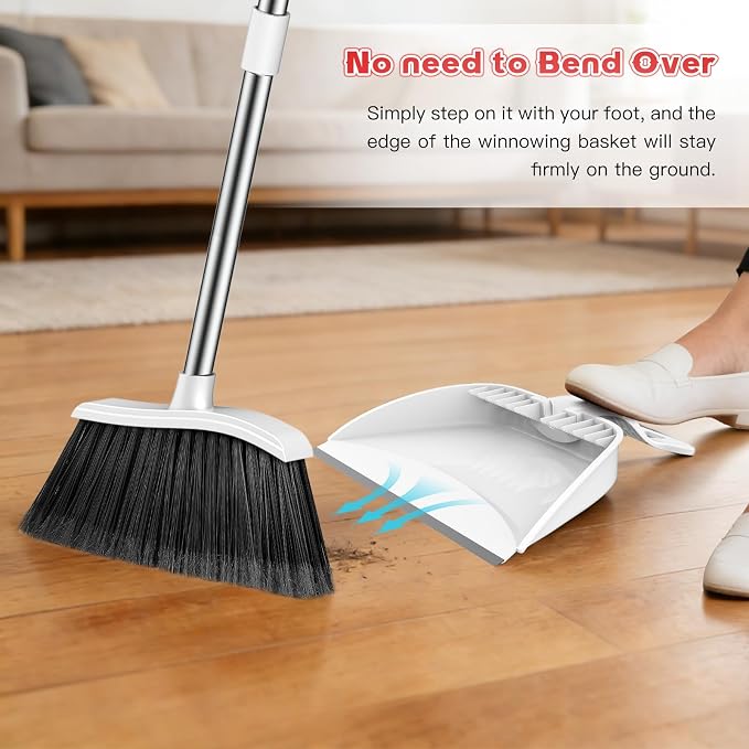 Broom and Step-on Dustpan Set, 59-in Adjustable Long Handle Broom with Dustpan Combo Set Outdoor Angle Broom for Sweeping Indoor Dust Pet Hair for Cleaning Kitchen Garage Deck Patio, White