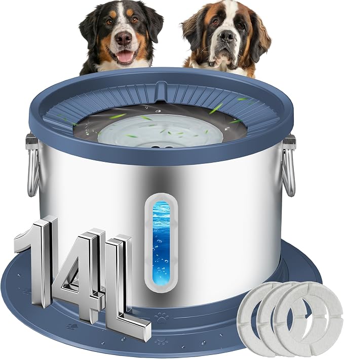 UPSKY 14L No Spill Dog Water Bowl, Spill Proof Slow Drinking for Large Dogs | Extra-large Capacity, 304 Stainless Steel, Dual-suction Anti-slip Base, Floating Disk, Water Window, For Messy Drinkers, Blue