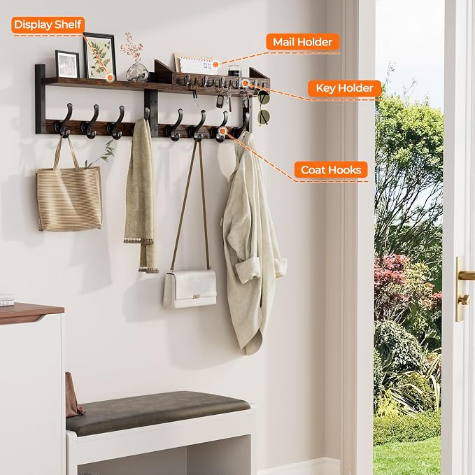 Evermagin 35" Coat Rack Wall Mount with Shelf, 4 in 1 Coat and Key Hanger with 13 Metal Hooks, Entryway Wall Mounted Shelf with Mail Holder for Living Room, Bedroom, Rustic Brown
