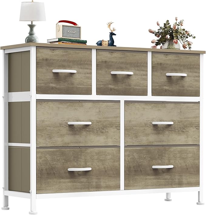 OLIXIS 7 Drawers Fabric Dresser for Bedroom, Storage Tower Organizer for Living Room & Entryway, Sturdy Steel Frame, Wooden Top & Easy-Pull Bins, Closet Chest for Clothes, Oak Greige
