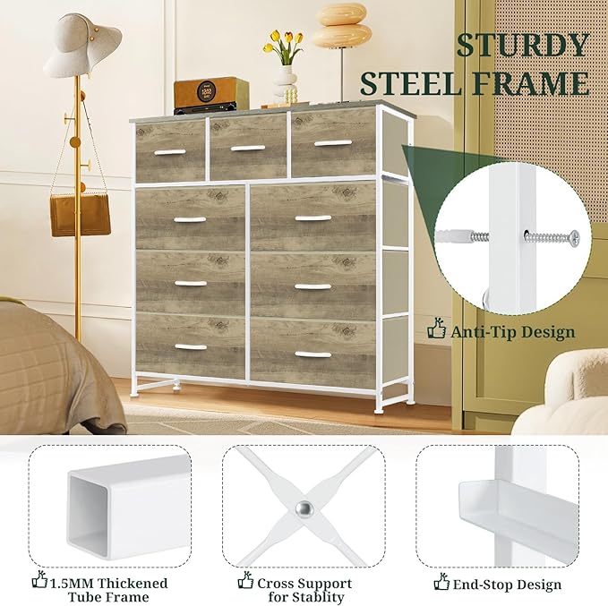 9-Drawer Dresser for Bedroom, Anti-Tip Tall Storage Organizer Chest of Drawers with Wooden Top and Metal Frame Fabric Bins for Closet, Living Room, Hallway, Entryway, Greige Oak