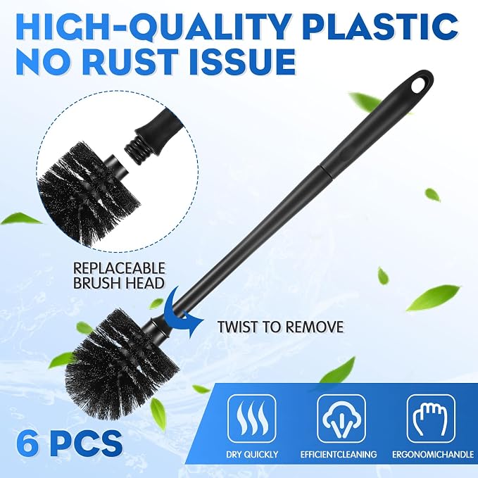 Sawysine 12 Pcs Commercial Toilet Plunger and Brush Set 6 Pack 18" Rubber Plunger with Double Thrust Force Suction Cup Handle and 6 Pack 16.54" Toilet Bowl Brush Bulk for Store Restaurant (Plastic)
