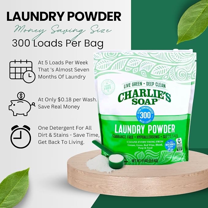 Charlie’s Soap Laundry Powder (300 Loads, 4 Pack) Fragrance Free Hypoallergenic Plant Based Deep Cleaning Laundry Powder – Biodegradable Eco Friendly Sustainable Laundry Detergent