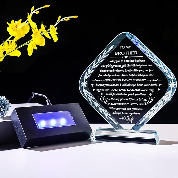 Meaningful Gifts for Brother with Light Base Brother Birthday Gifts from Sisters Brothers Laser Engraved Crystal Keepsake for Fathers Day Christmas Graduation Best Gift for Brother Adult
