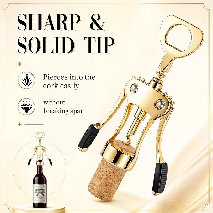 Hushee 5 Pcs Wing Corkscrew Opener, Zinc Alloy Heavy Duty Multifunctional Wine Bottle Opener for Restaurant, Bar, Waiters, Ideal for Wedding Shower Party Favors Gifts (Silicone,Gold)