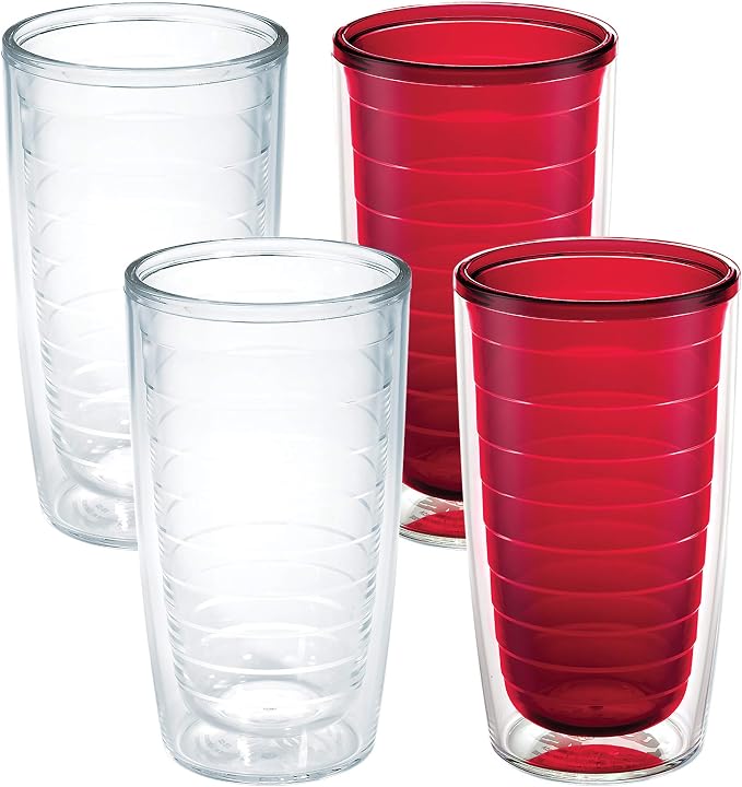 Tervis Clear & Colorful Tabletop Made in USA Double Walled Insulated Tumbler Travel Cup Keeps Drinks Cold & Hot, 16oz - 4pk, Clear and Red | Made in USA, Double-wall Insulated, Shatterproof, BPA-Free, Dishwasher Safe, Fits Most Cupholders, Great to Gif...