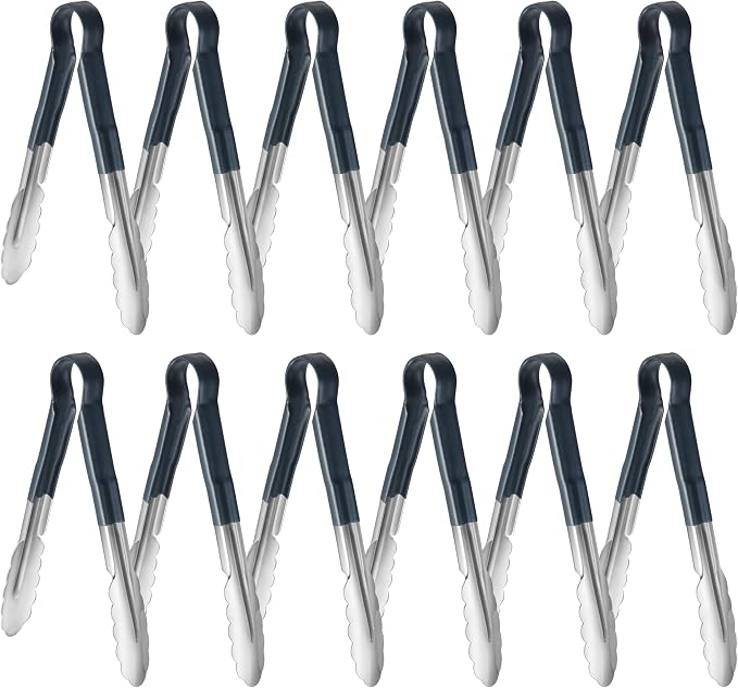 New Star Foodservice 534583 9-Inch Utility Spring Tongs, Stainless Steel, Vinyl Coated, Set of 12, Blue