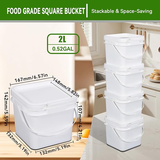 68 oz Food Storage Buckets with Lids, 4 Pack Square BPA Free Plastic Containers with Handles and Labels for Pantry, Rice, Flour, Snacks and Freezer (White)