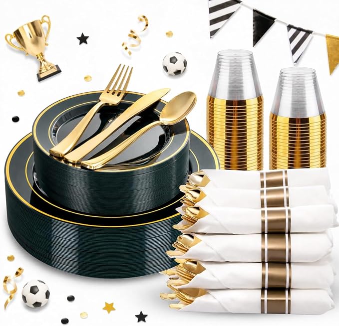 WDF Partyware 175PCS Green Plastic Plates - Green and Gold Disposable Plates 25Guests Plastic Plates with Rolled Napkins for Birthday/Party/Wedding/World Cup 2026
