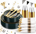 WDF Partyware 175PCS Green Plastic Plates - Green and Gold Disposable Plates 25Guests Plastic Plates with Rolled Napkins for Birthday/Party/Wedding/World Cup 2026