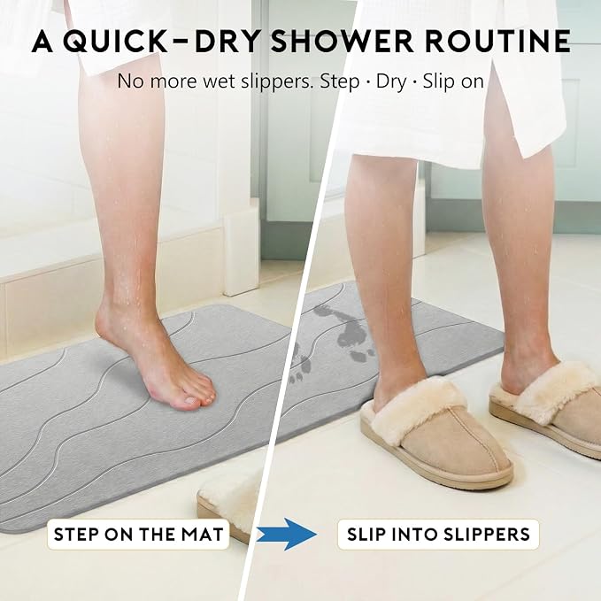 Stone Bath Mat, Quick-Dry Diatomaceous Earth Shower Mat, Absorbent Bathroom Mat for Shower/Tub Exit, New Apartment Essential & Housewarming Gift, 23.5" x 15.5" Light Gray Wave