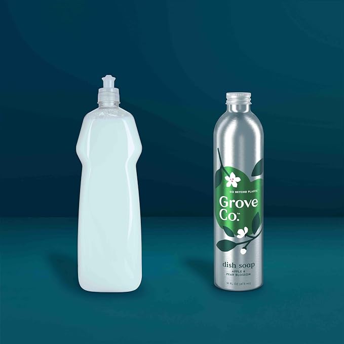 Grove Co. Apple & Pear Blossom Dish Soap Refill Bundle, 3-Pack of 16 oz Aluminum Bottles with Reusable Glass Soap Dispenser, Natural Fragrance Grease-Cutting Plant-Based Formula