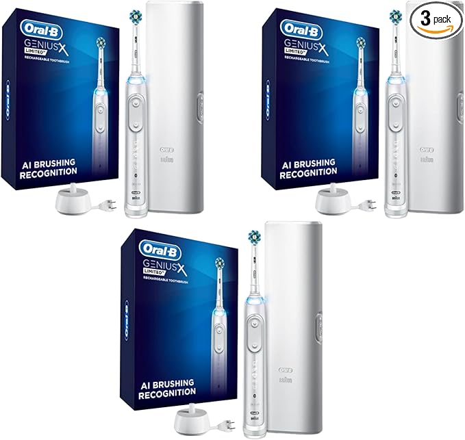 Oral-B Genius X Limited Rechargeable Electric Toothbrush with 1 Replacement Brush Head, Travel Case, White (Pack of 3)