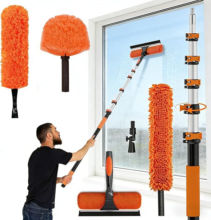 26FT Reach Duster Kit, Window Cleaning with 5-20FT Telescoping Extension Pole, High Ceiling Duster, Microfiber Feather Duster, Cobweb Duster, Window Squeegee, Feather Duster, Extendable Pole Kit