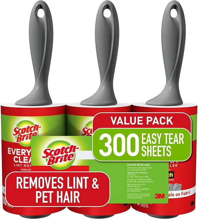 Scotch-Brite 50" Stickier Large Surface Roller Refill & Lint Roller, Works Great on Pet Hair, Clothing, Furniture and More, 3 Rollers, 100 Sheets Per Roller (300 Sheets Total)