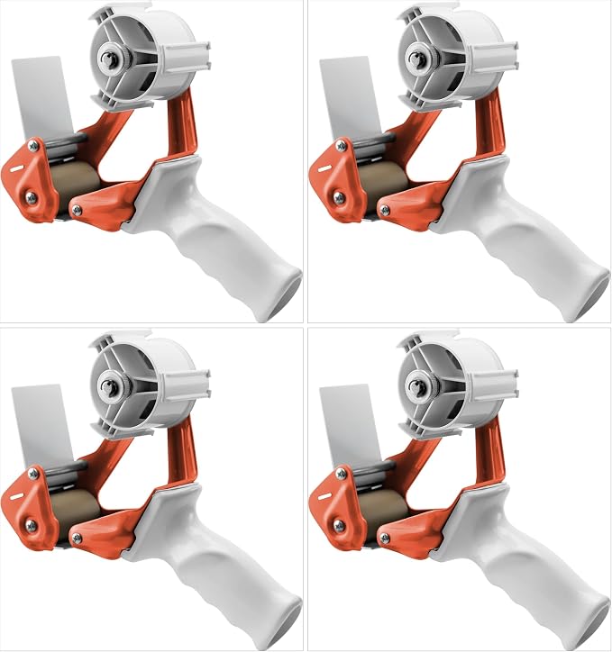 TAPEWELL Heavy Duty Metal Frame Orange Packing Tape Dispenser 3 Inch Core with Special Ergonomic Handle, Tape Gun for Packing Boxes with Premium Tempered Steel Blade - for 2 inch Wide Roll (Pack of 4)