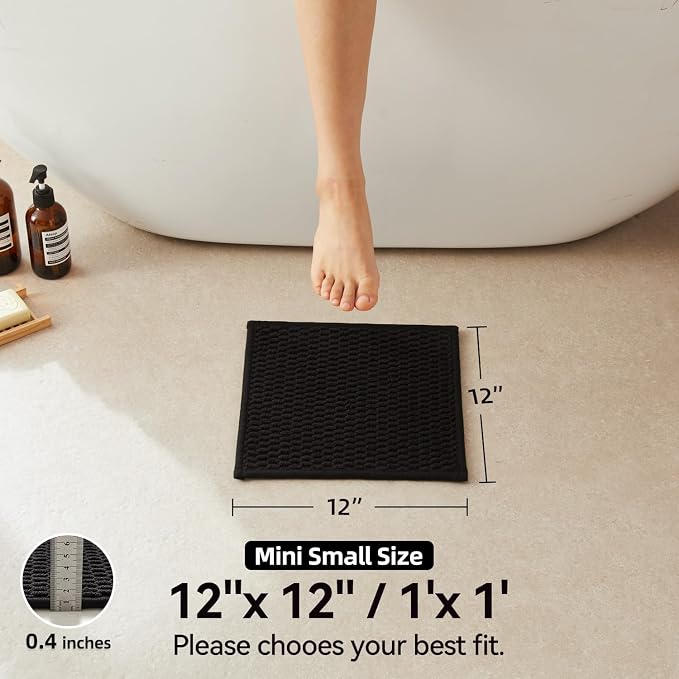 Triohero Small Bathroom Rugs Non Slip Washable Bath Rugs Super Absorbent Bathroom Rug Thin Quick Dry Low Pile Bath Mats, Black 12"x12"