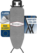Bartnelli by Rorets Ironing Board Made in Europe | Iron Board with 4 Layered Cover & Pad, Height Adjustable up to 36" Features A Safety Iron Rest, 4 Steel Legs, for Laundry Room or Dorm Use (43x13)