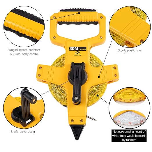 Open Reel Fiberglass Tape Measure, Tape Measure 100 ft by 1/2-Inch, Inch/Metric Scale for Engineer,Outdoor, Athletic Field, Impact Resistant ABS Shell (100FT/30M
