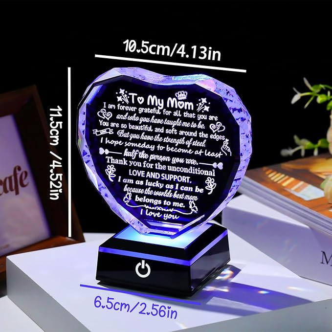Arikyrist Mothers Day Mom Gifts from Daughter Heart Crystal Keepsake to My Mom with Colorful LED Light Base Best Mom Ever Gifts on Birthday Rrtirement Anniversary