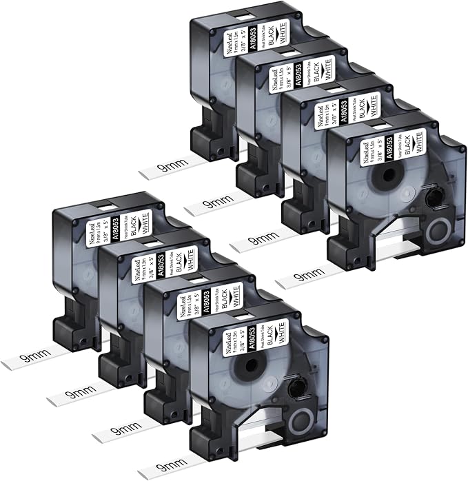 NineLeaf 8 Pack Compatible Labels Tape Replacement for Dymo 18053 3/8 inch Black on White Heat Shrink Tube Labels 9mm x 1.5m for Wires and Cables Use in Rhino 4200 5200 5000 6000 3M Label Maker