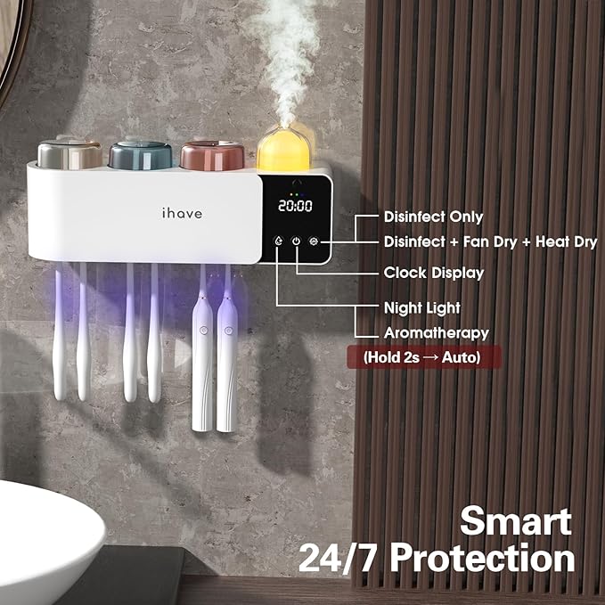 iHave Toothbrush Holders Wall Mounted with Toothbrush Sanitizer &Aromatherapy Diffuser Auto-Cycle Disinfection, Heated Fan Drying, USB Rechargeable, IR Night Light, LED - 3 Cups Bathroom Organizer