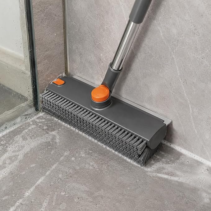 Floor Scrub Brush with Long Handle, V-Shaped Grout Brush and Squeegee for Tile, Bathroom, Shower, Gray (Floor Brush)